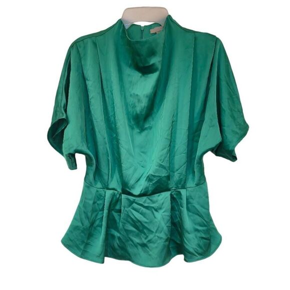 H&M Women's Turquoise Green Poly Satin Charmeuse Stand Collar Short Batwing Slee - Picture 2 of 8